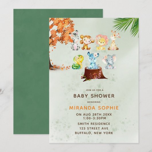 Woodland Safari Animals Boy Baby shower Invitation Kaart (Voorkant / Achterkant)