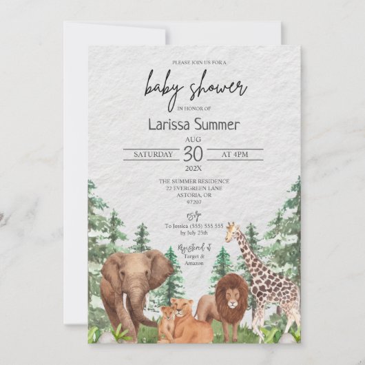 Woodland Safari Zoo Animal Baby shower Invitation Kaart (Voorkant)