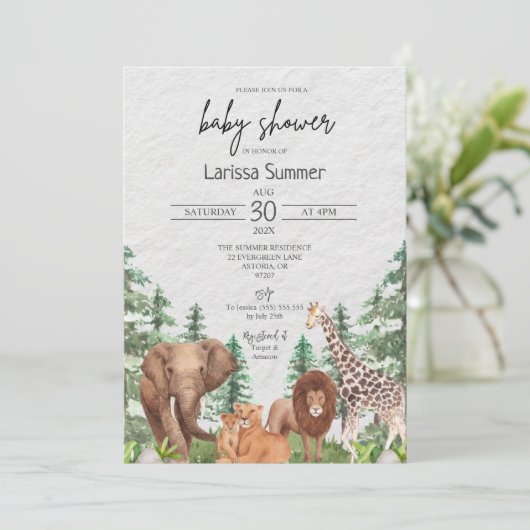 Woodland Safari Zoo Animal Baby shower Invitation Kaart (Staand voorkant)