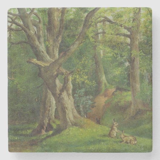 Woodland Scene met Rabbits, 1862 (olie op canvas) Stenen Onderzetter (Voorkant)