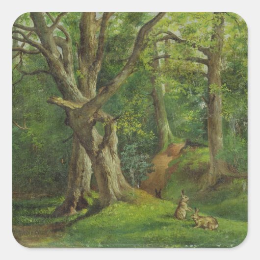 Woodland Scene met Rabbits, 1862 (olie op canvas) Vierkante Sticker (Voorkant)