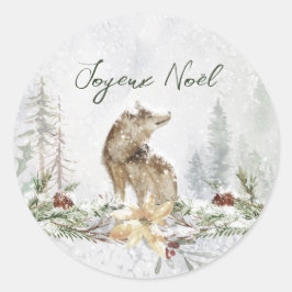 Woodland Scene Wolf French Merry Kerststicker Ronde Sticker