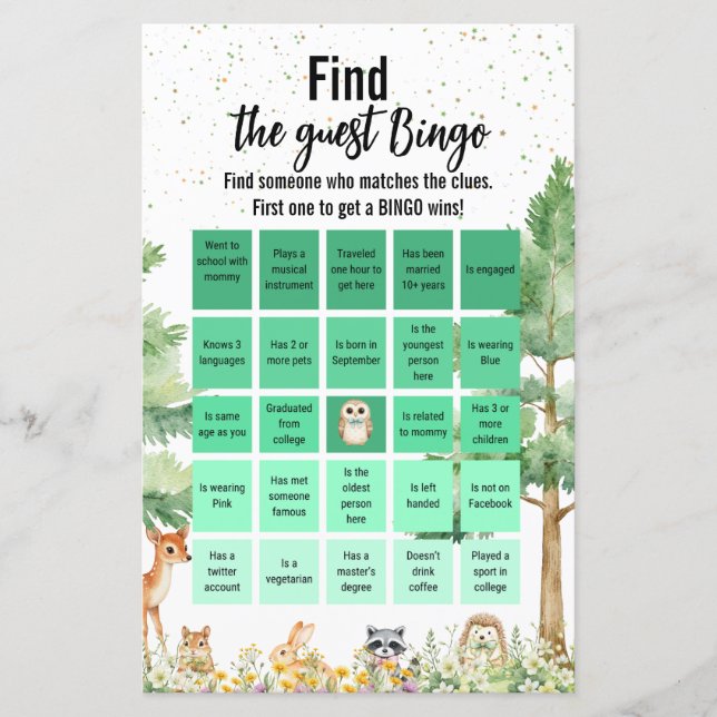 Woodland schattig dier Baby shower Bingo spel (Voorkant)