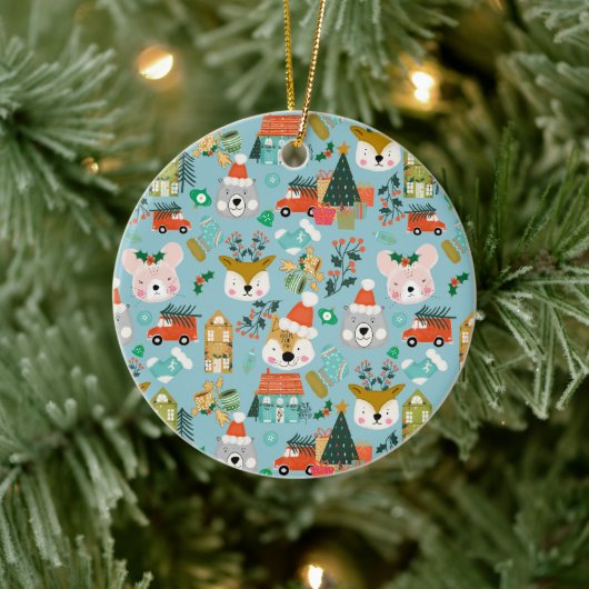 Woodland Schattige Santa Animals Blauw Keramisch Ornament (Boom)