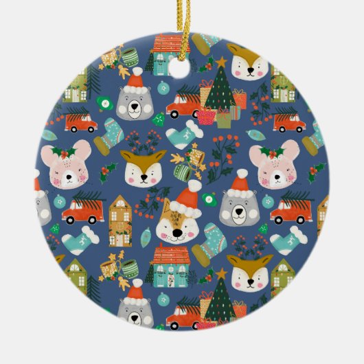 Woodland Schattige Santa Animals Denim Blue Keramisch Ornament (Voorkant)