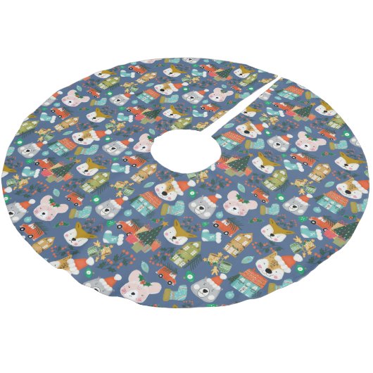 Woodland Schattige Santa Animals Denim Blue Kerstboom Rok (Gekanteld)