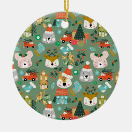 Woodland Schattige Santa Animals Green Keramisch Ornament