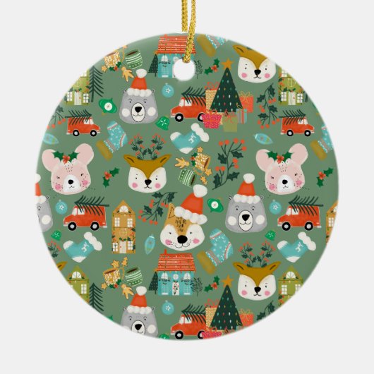 Woodland Schattige Santa Animals Green Keramisch Ornament (Voorkant)