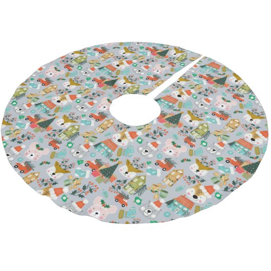 Woodland Schattige Santa Animals Grey Kerstboom Rok (Gekanteld)