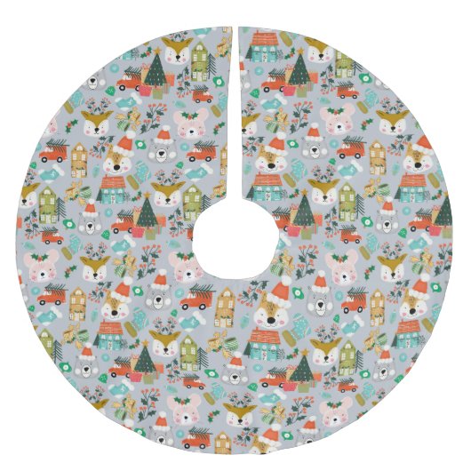 Woodland Schattige Santa Animals Grey Kerstboom Rok (Voorkant)