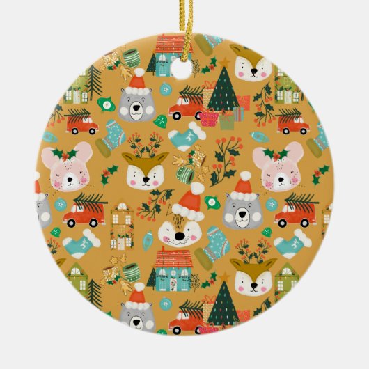 Woodland Schattige Santa Animals Yellow Keramisch Ornament (Voorkant)