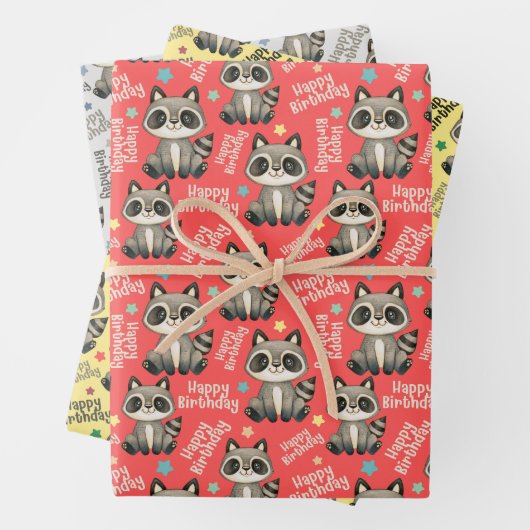 Woodland schattige wasbeer gelukkige verjaardag inpakpapier vel (In situ)