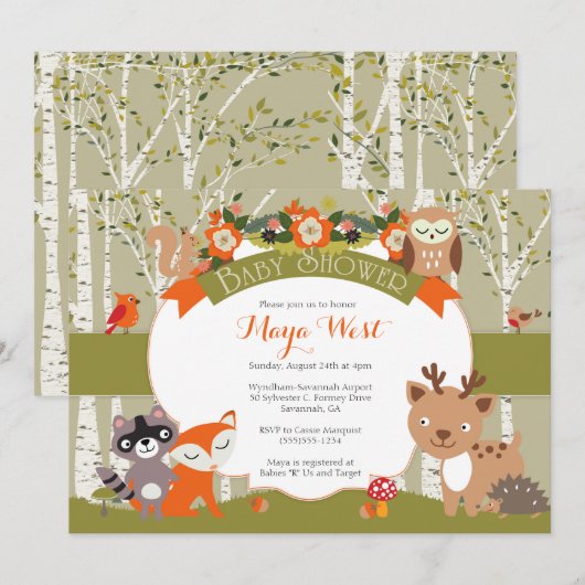 Woodland Shower - Forest Animals thema Baby Showe Kaart (Voorkant / Achterkant)