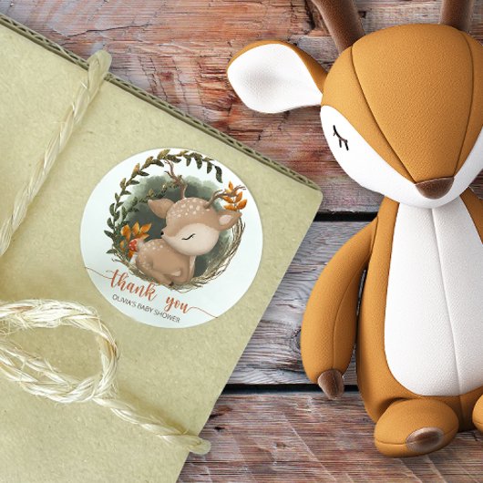 Woodland slapende baby herten baby shower dank u ronde sticker
