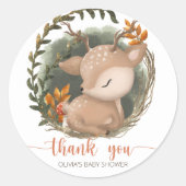 Woodland slapende baby herten baby shower dank u ronde sticker (Voorkant)