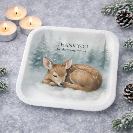 Woodland Sleeping Baby Deer Winter Baby Shower Papieren Bordje