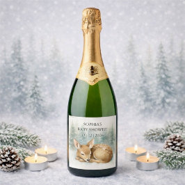 Woodland Sleeping Baby Deer Winter Baby Shower Sparkling Wijnetiket