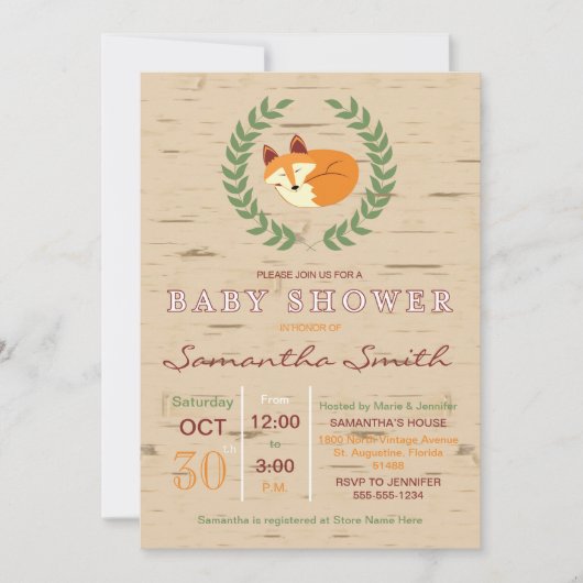 Woodland Sleeping Fox Baby shower Invitation Kaart (Voorkant)