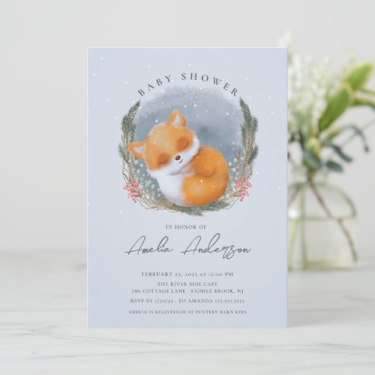 Woodland Sleeping Fox Baby shower Invitation Kaart (Staand voorkant)