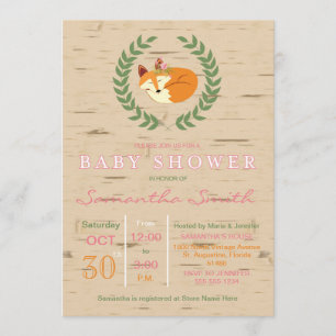 Woodland Sleeping Fox Girl Baby shower Invitation Kaart