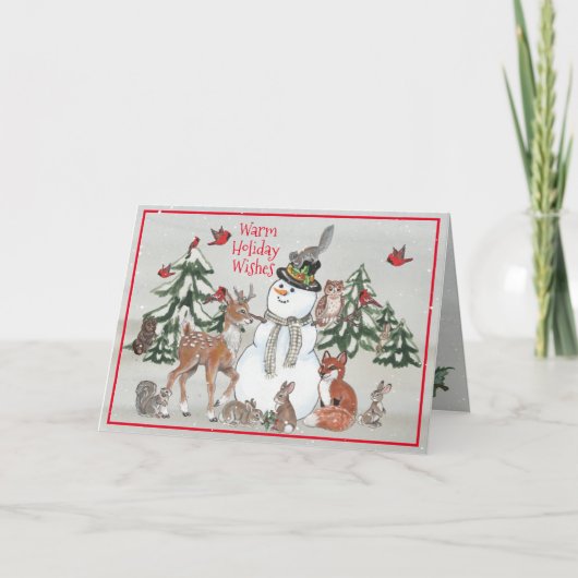 Woodland Snowman Deer Fox Kerstwijk grijs Feestdagen Kaart (Voorkant)