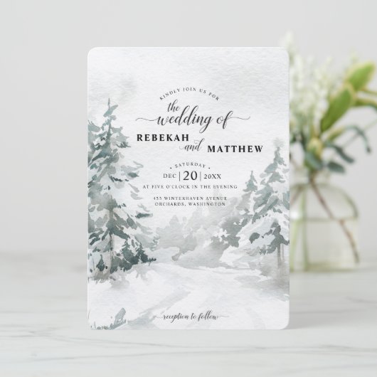 Woodland | Snowy Winter Forest Waterverf Invitati Kaart (Staand voorkant)