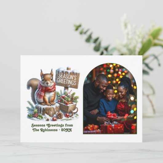 Woodland Squirrel Rustic Forest Christmas Photo Feestdagenkaart (Staand voorkant)