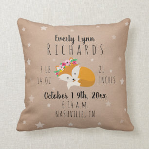 Woodland Stars Sleepy Fox Girl Birth Stats Nursery Kussen