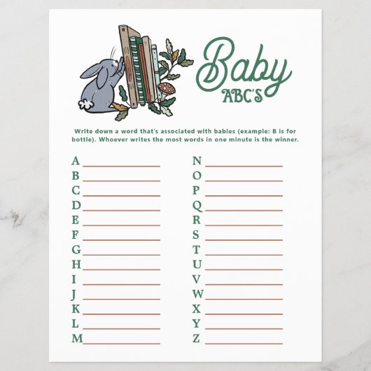 Woodland Storybook ABCs Baby shower Party Game Flyer (Voorkant)