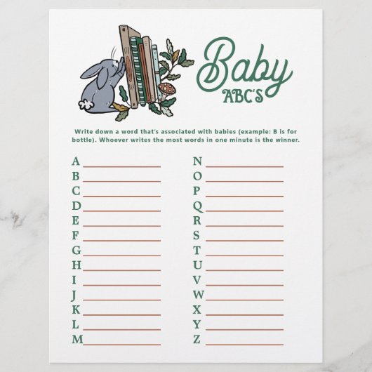 Woodland Storybook ABCs Baby shower Party Game Flyer (Voorkant)
