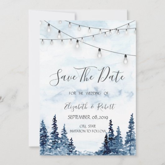 Woodland, String Lights, Waterverf sparen de datum Save The Date (Voorkant)