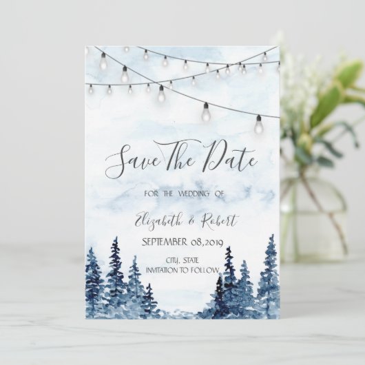 Woodland, String Lights, Waterverf sparen de datum Save The Date (Staand voorkant)