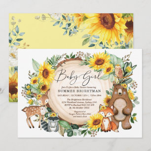 Woodland Sunflower Forest Animals Baby Girl Shower Kaart