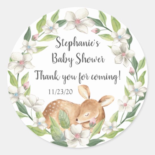 Woodland Sweet Deer Baby shower Favor Ronde Sticker (Voorkant)
