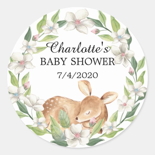 Woodland Sweet Deer Baby shower Ronde Sticker (Voorkant)
