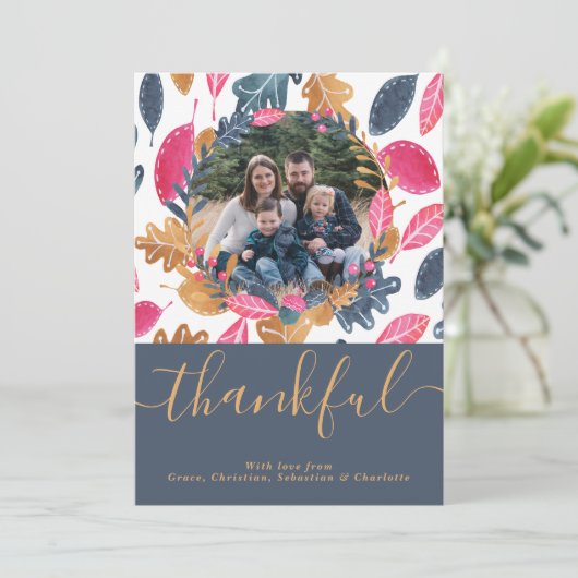 Woodland Thanksgiving Fotosjabloon Leefpatroon Feestdagenkaart (Staand voorkant)