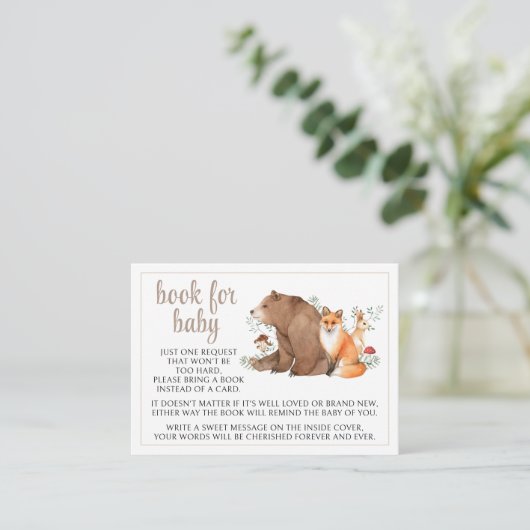 Woodland thema dieren boek voor baby shower kaarte informatiekaartje (Staand voorkant)