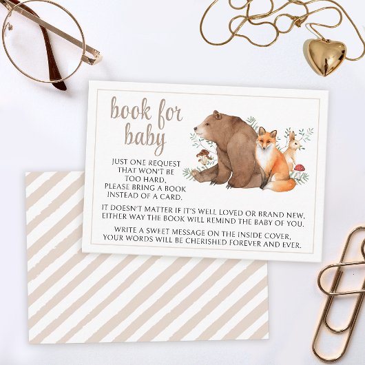 Woodland thema dieren boek voor baby shower kaarte informatiekaartje