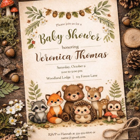 Woodland Theme Adorable Forest Animals Baby Shower Kaart