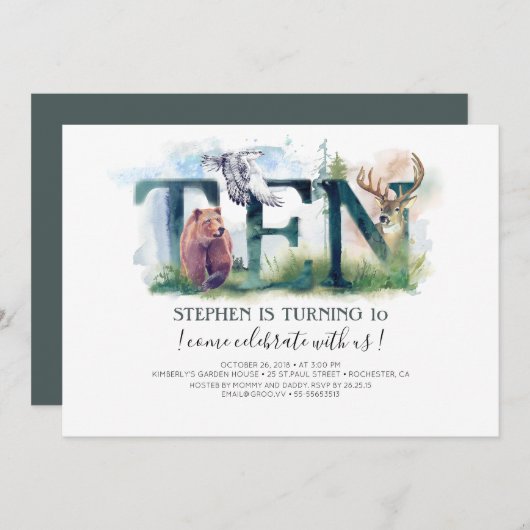 Woodland tien - 10e verjaardag uitnodiging (Voorkant / Achterkant)