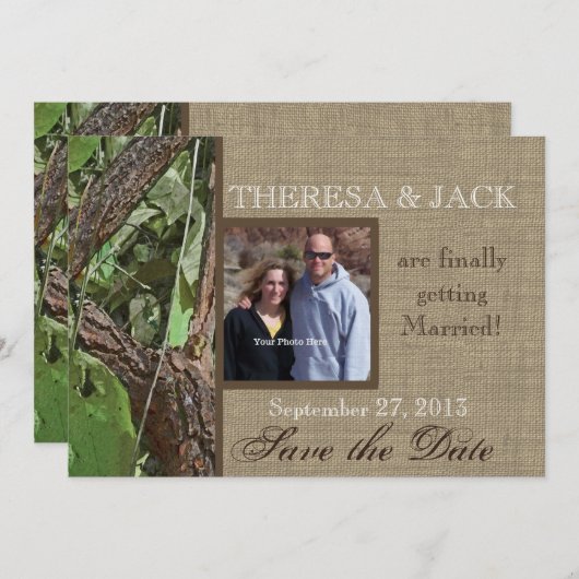 Woodland Tree en Burlap slaan de datum op Save The Date (Voorkant / Achterkant)