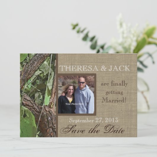Woodland Tree en Burlap slaan de datum op Save The Date (Staand voorkant)