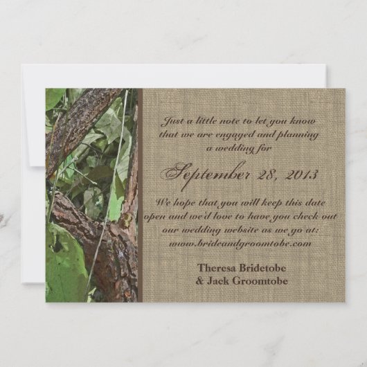 Woodland Tree en Burlap slaan de datum op Save The Date (Achterkant)