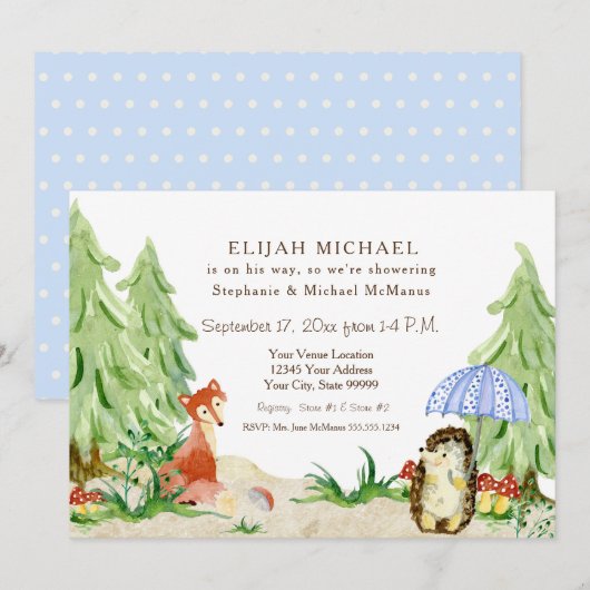 Woodland Tree Forest Fox Hedgehog Boy Baby shower Kaart (Voorkant / Achterkant)