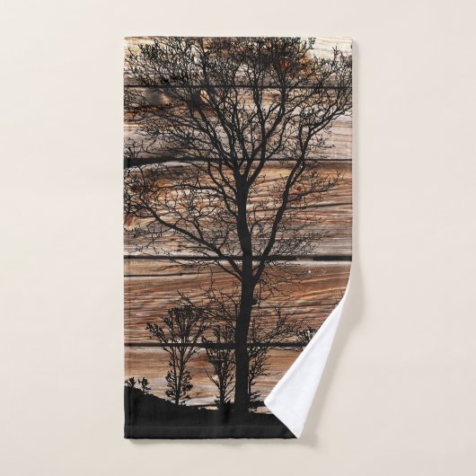 Woodland Tree Silhouette op Barn Board Towel set Bad Handdoek (Handdoek)