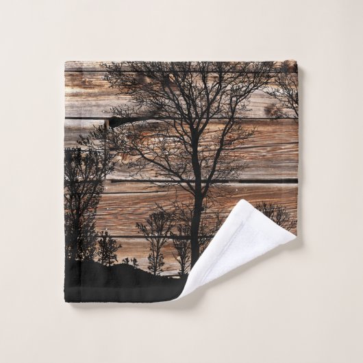 Woodland Tree Silhouette op Barn Board Towel set Bad Handdoek (Wasdoekje)