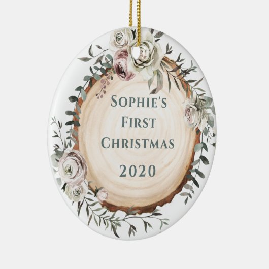 Woodland Tree Slice met bloemen | Baby's First Keramisch Ornament (Rechts)