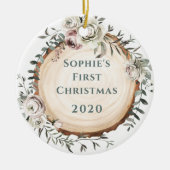 Woodland Tree Slice met bloemen | Baby's First Keramisch Ornament (Voorkant)