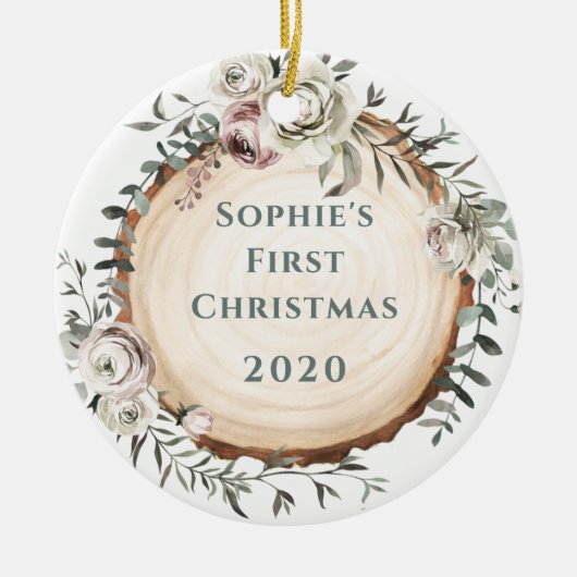 Woodland Tree Slice met bloemen | Baby's First Keramisch Ornament (Voorkant)