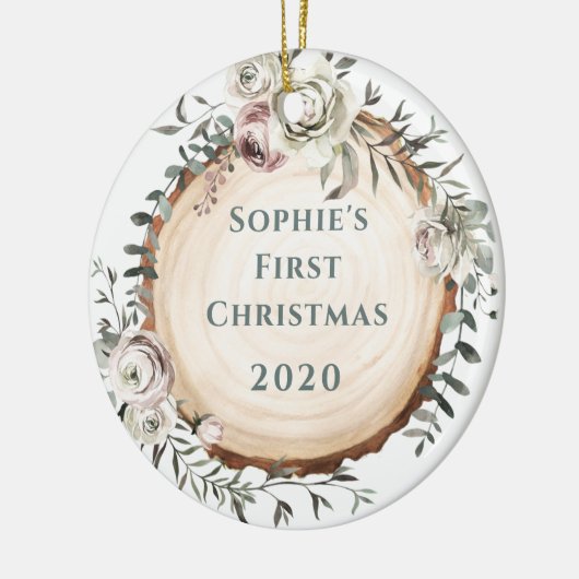 Woodland Tree Slice met bloemen | Baby's First Keramisch Ornament (Links)